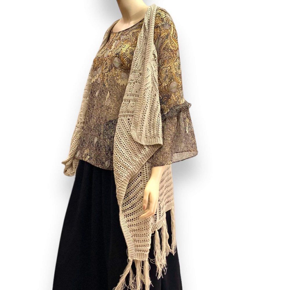 Beige Crochet Open Front Lightweight Fringe Tassel Trim Knit Kimono Vest NEW